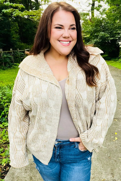 Autumn Vibes Taupe Textured Cable Knit Collared Cardigan by Haptics