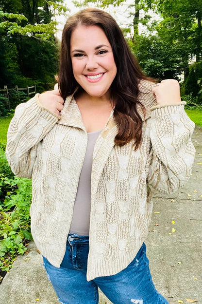 Autumn Vibes Taupe Textured Cable Knit Collared Cardigan by Haptics