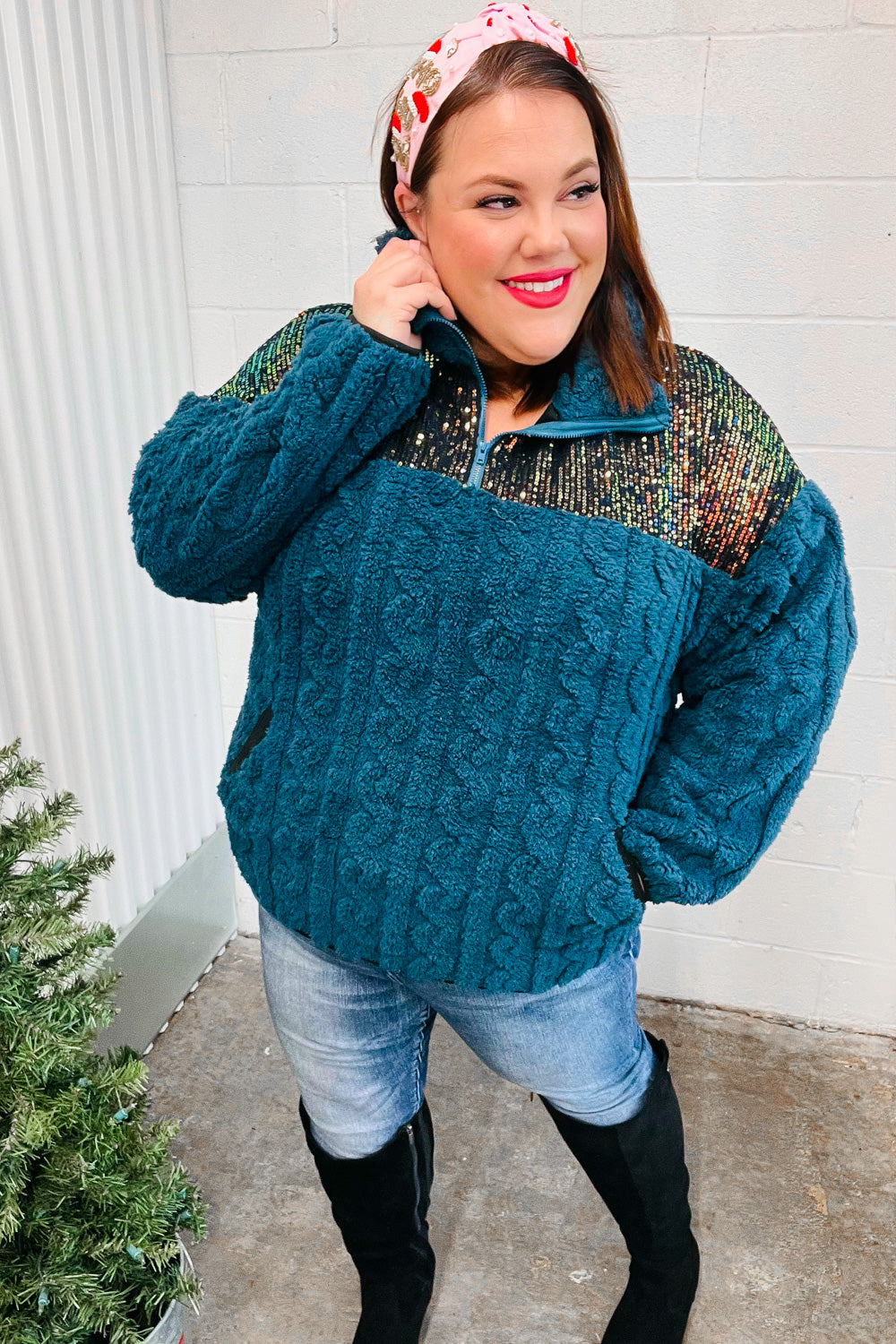 Going With You Teal Sequin & Sherpa Half Zip Pullover