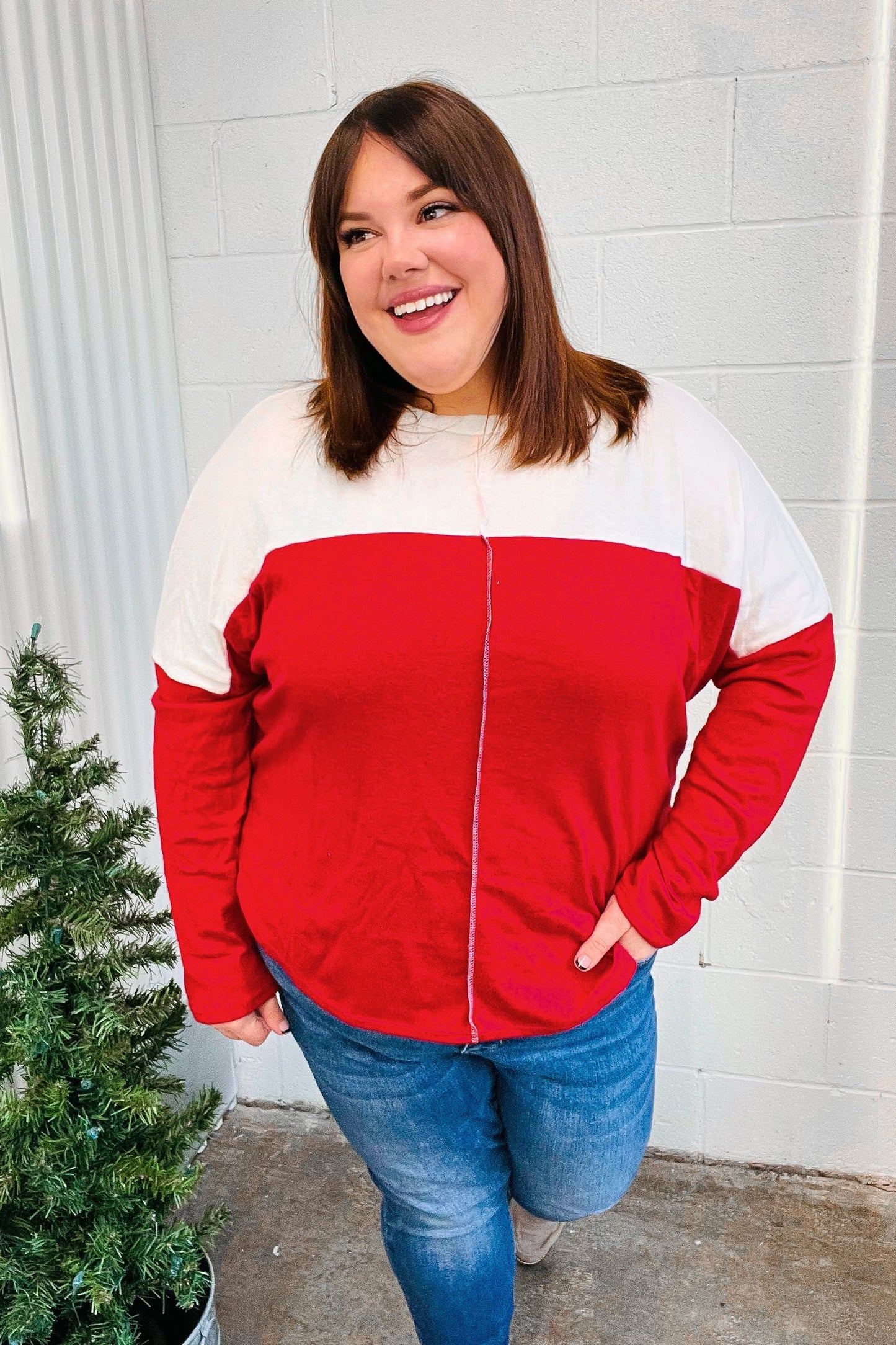 Festive Red & White Drop Shoulder Outseam Color Block Top