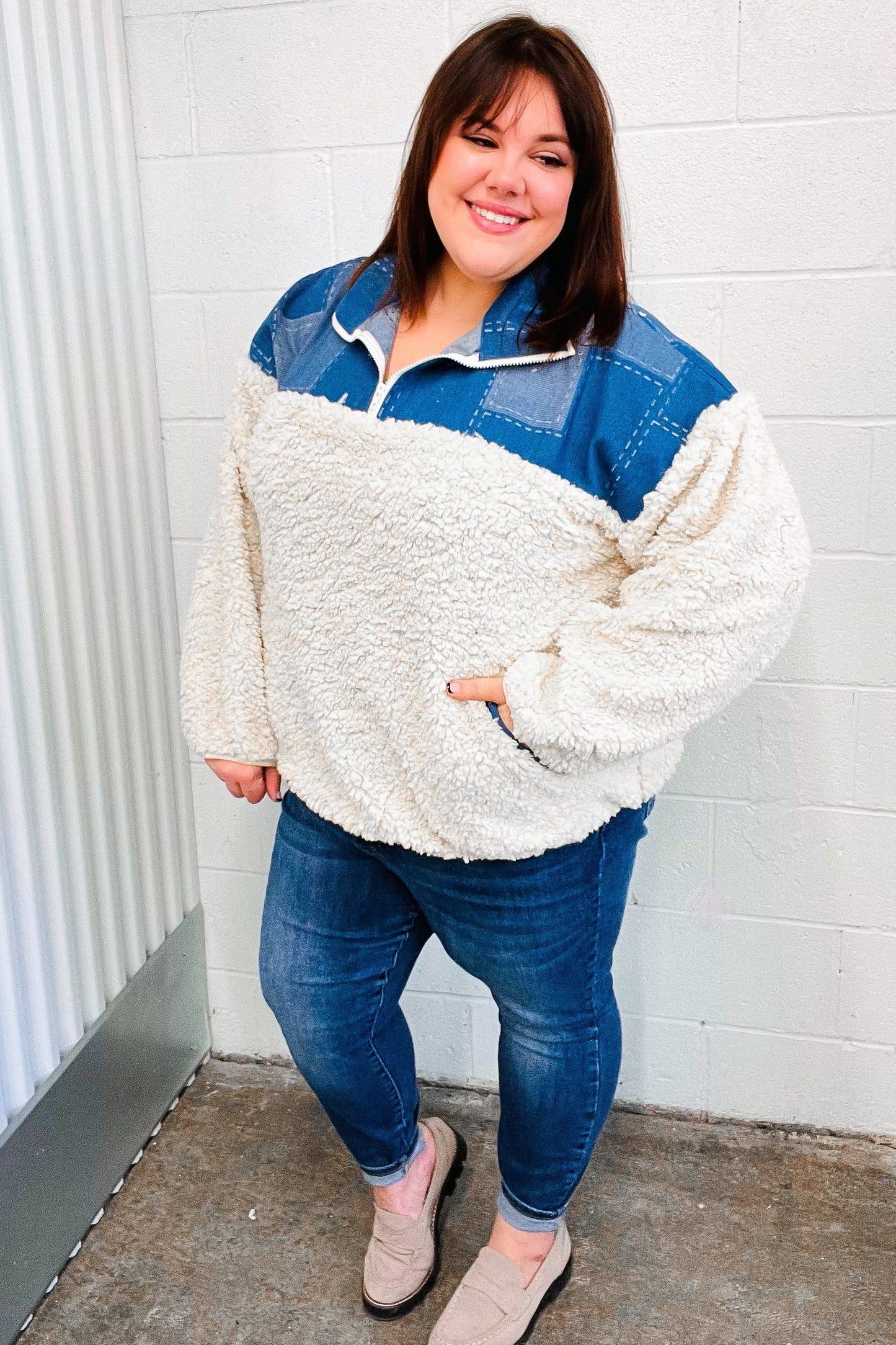 Good Vibes Denim & Ivory Patchwork Sherpa Half Zip Pullover