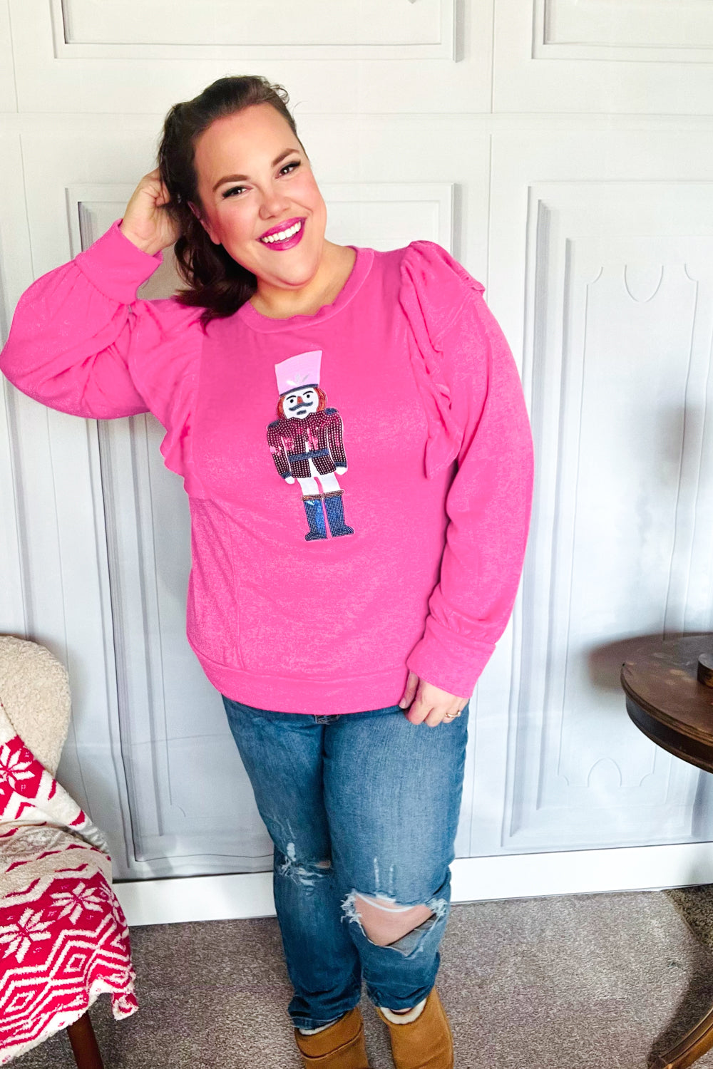 Holiday Hot Pink Sequin Nutcracker Ruffle Hacci Sweater