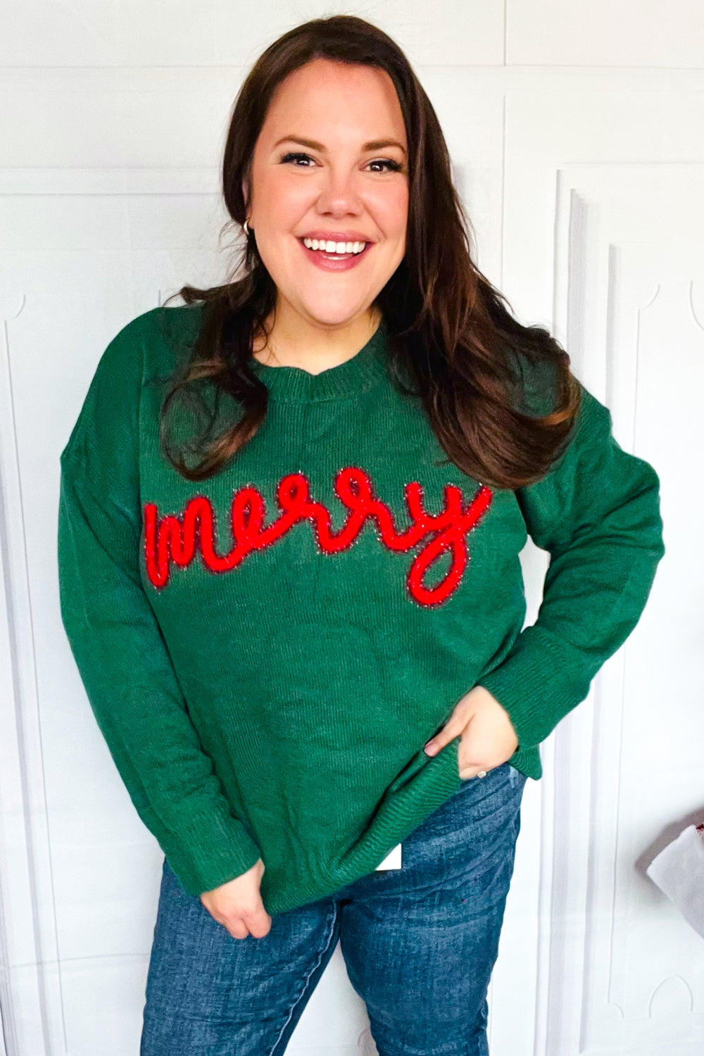 Be Merry Hunter Green Pop Up Lurex Sweater