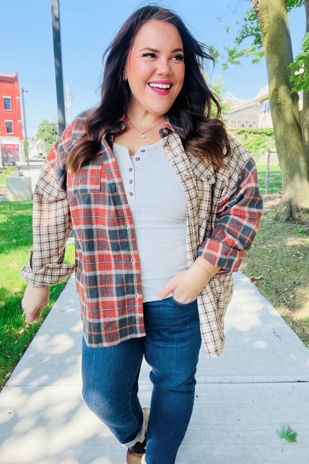 Make A Statement Rust & Taupe Plaid Color Block Shacket