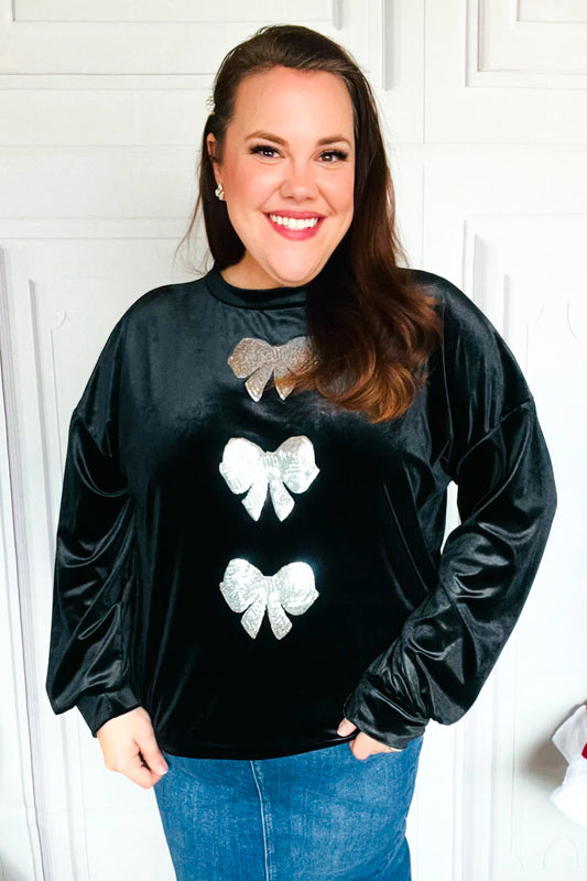 Home For The Holiday Silver Sequin Bow Velvet Pullover Top