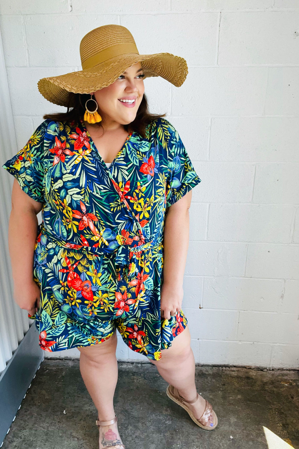 Navy Tropical Floral Surplice Romper