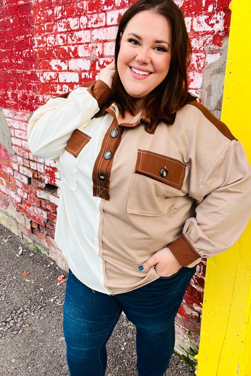 Sepia Ivory & Taupe Color Block Button Down Pullover