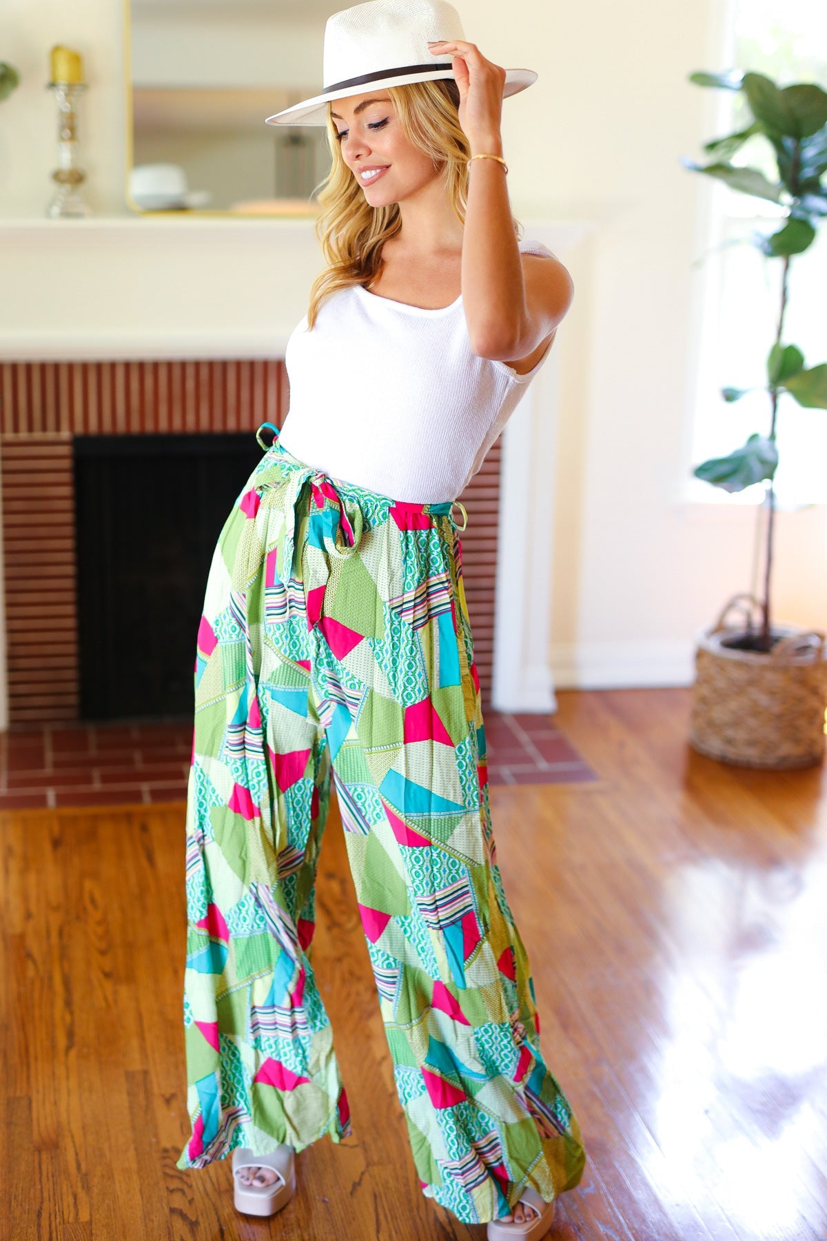 Feeling Couture Ivory & Mint Corded Geo Print Wide Leg Jumpsuit