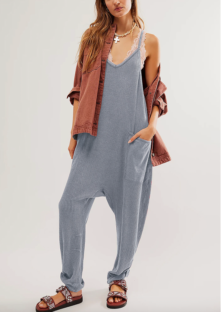 Textured Waffle Knit Loose Fit Jumpsuit