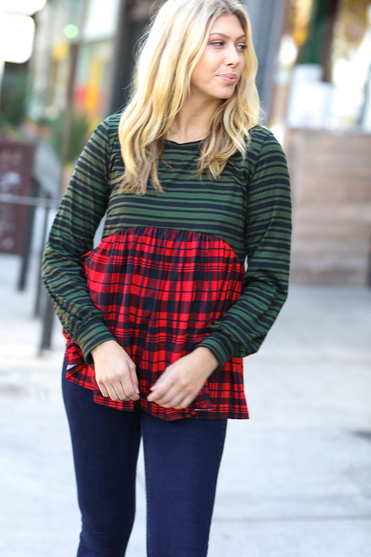 Holiday Plaid Babydoll Color Block Swing Top.