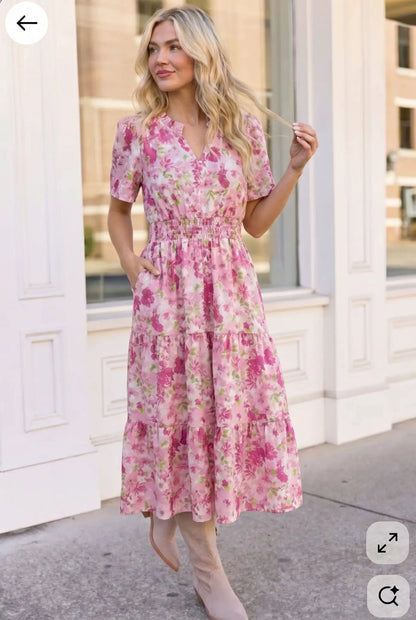 A Georgia Dream in Pink Floral Midi Dress by Haptics