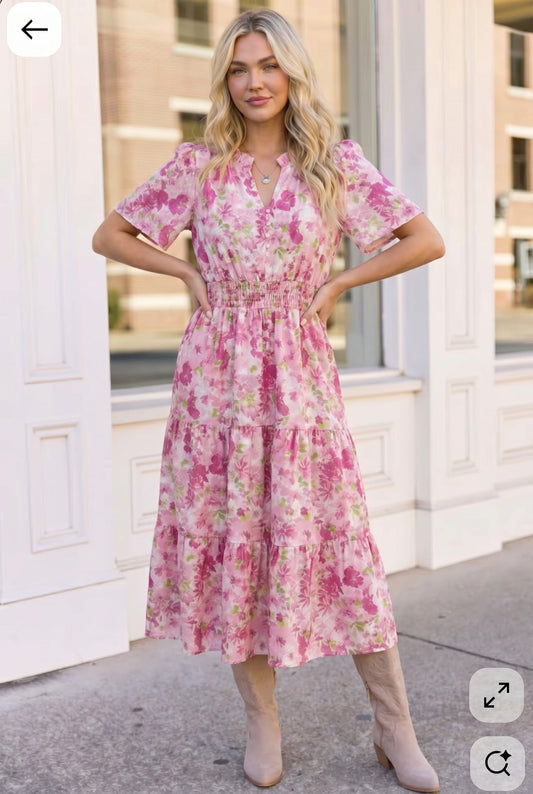A Georgia Dream in Pink Floral Midi Dress - Bitsy Gypsy Boutique