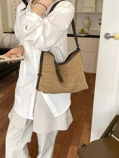 Leather Trim Woven Shoulder Bag by Trendsi