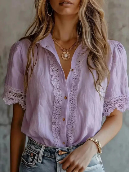 Lace-Trimmed Short Sleeve Button-Down Shirt by Trendsi