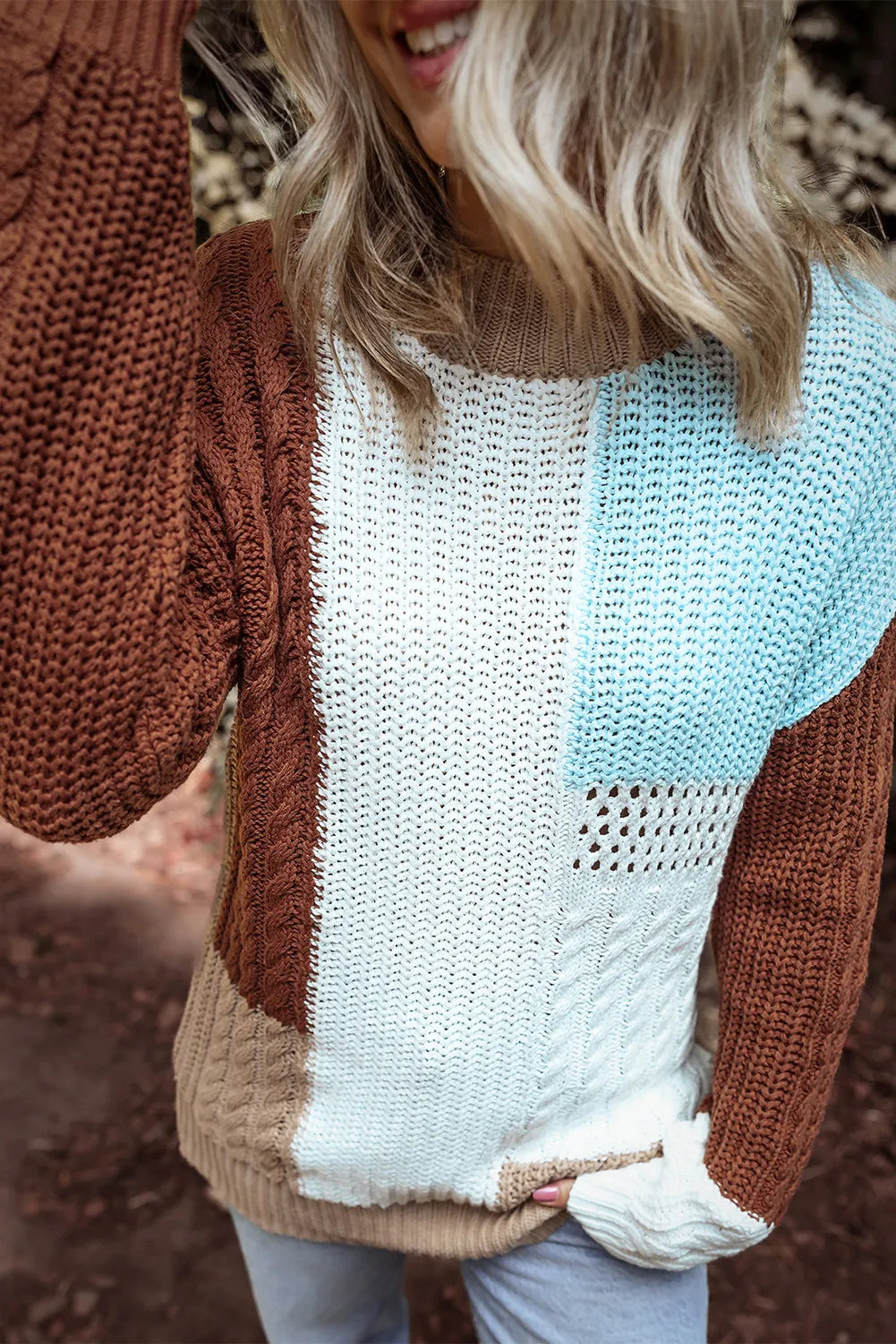 Color Block Round Neck Long Sleeve Sweater