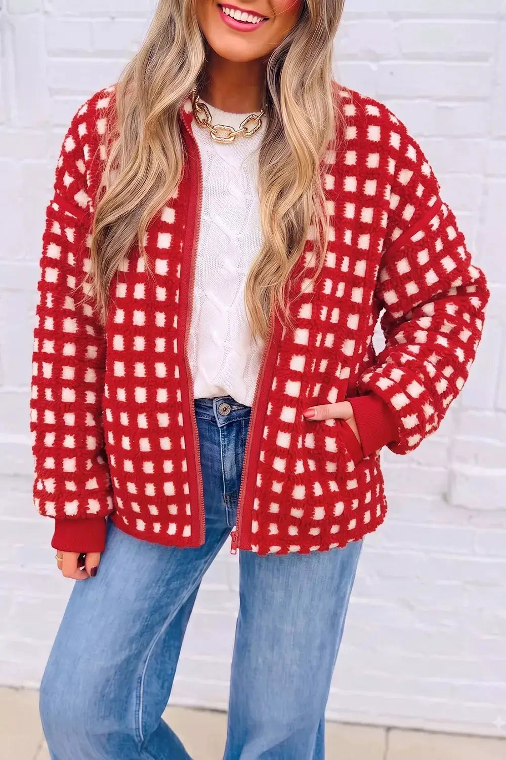 Plaid Zip-Up Long Sleeve Outerwear by Trendsi