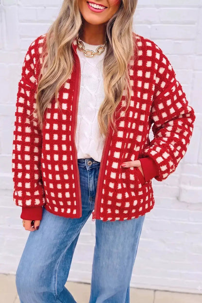 Plaid Zip-Up Long Sleeve Outerwear by Trendsi
