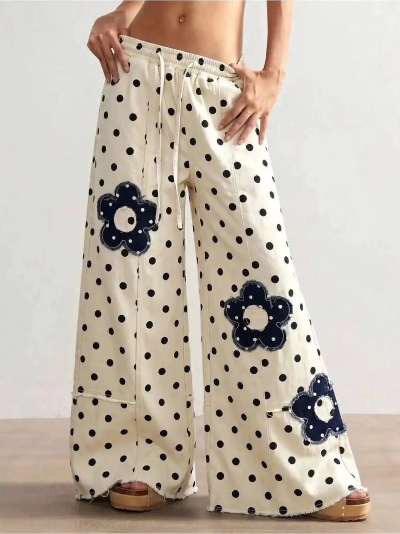 Floral Applique Polka Dot Wide-Leg Jeans by Trendsi