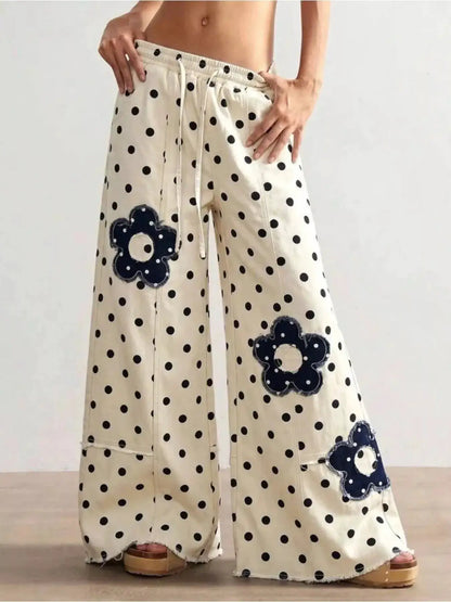 Floral Applique Polka Dot Wide-Leg Jeans by Trendsi