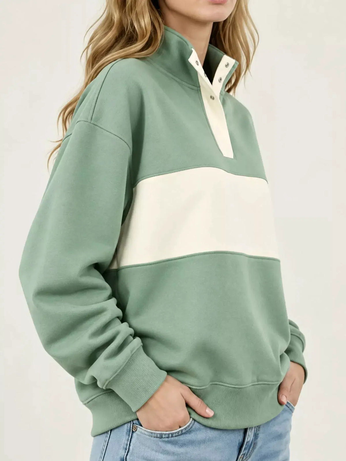 Full Size Color Block Snap-Button Sweatshirt Plus Size by Trendsi