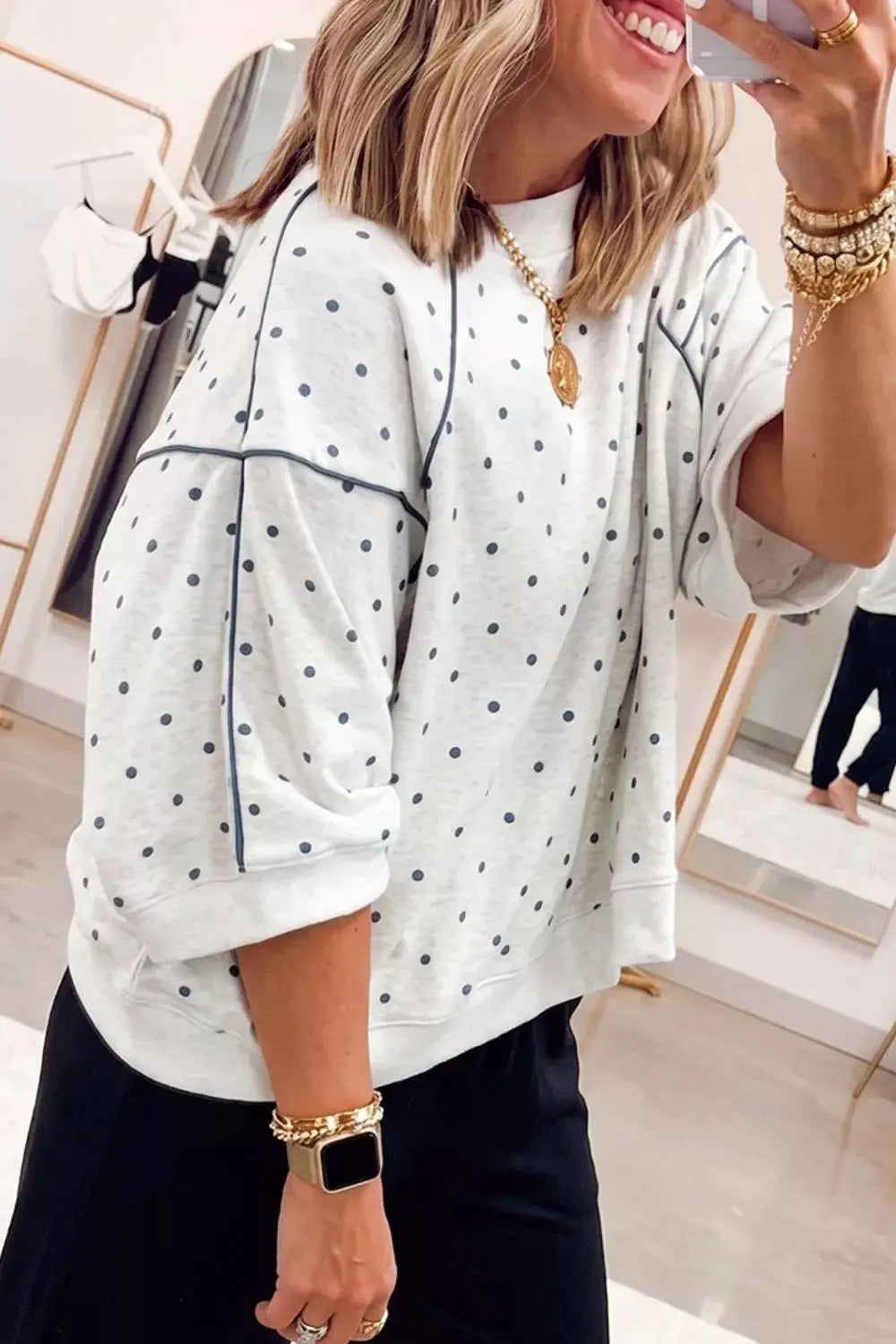 Polka Dot Print Piping Trim 3/4 Sleeve Relaxed Top by Trendsi