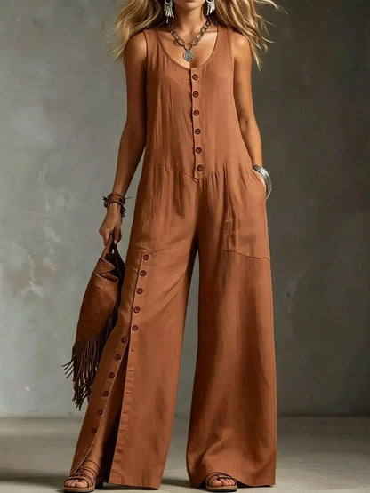 Full Size Sleeveless Button-Down Wide-Leg Jumpsuit Plus Size by Trendsi
