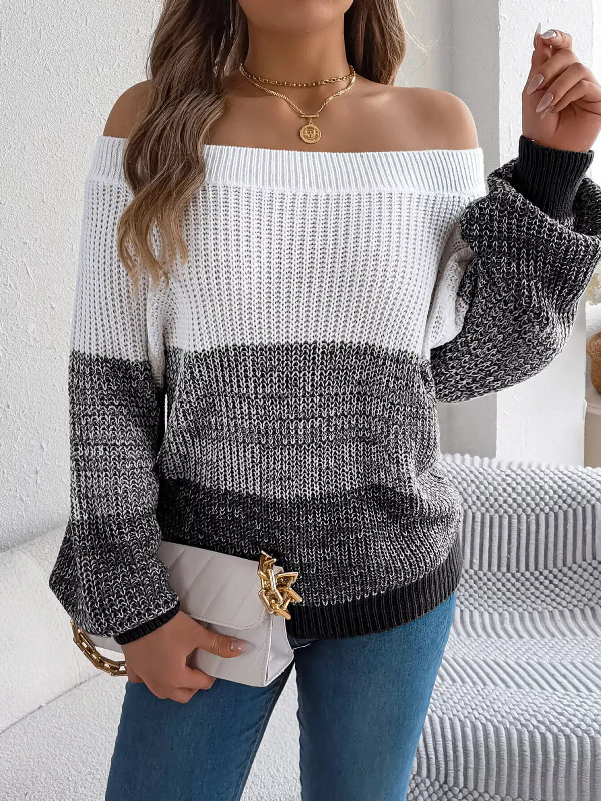 Off-Shoulder Color Block Sweater by Trendsi