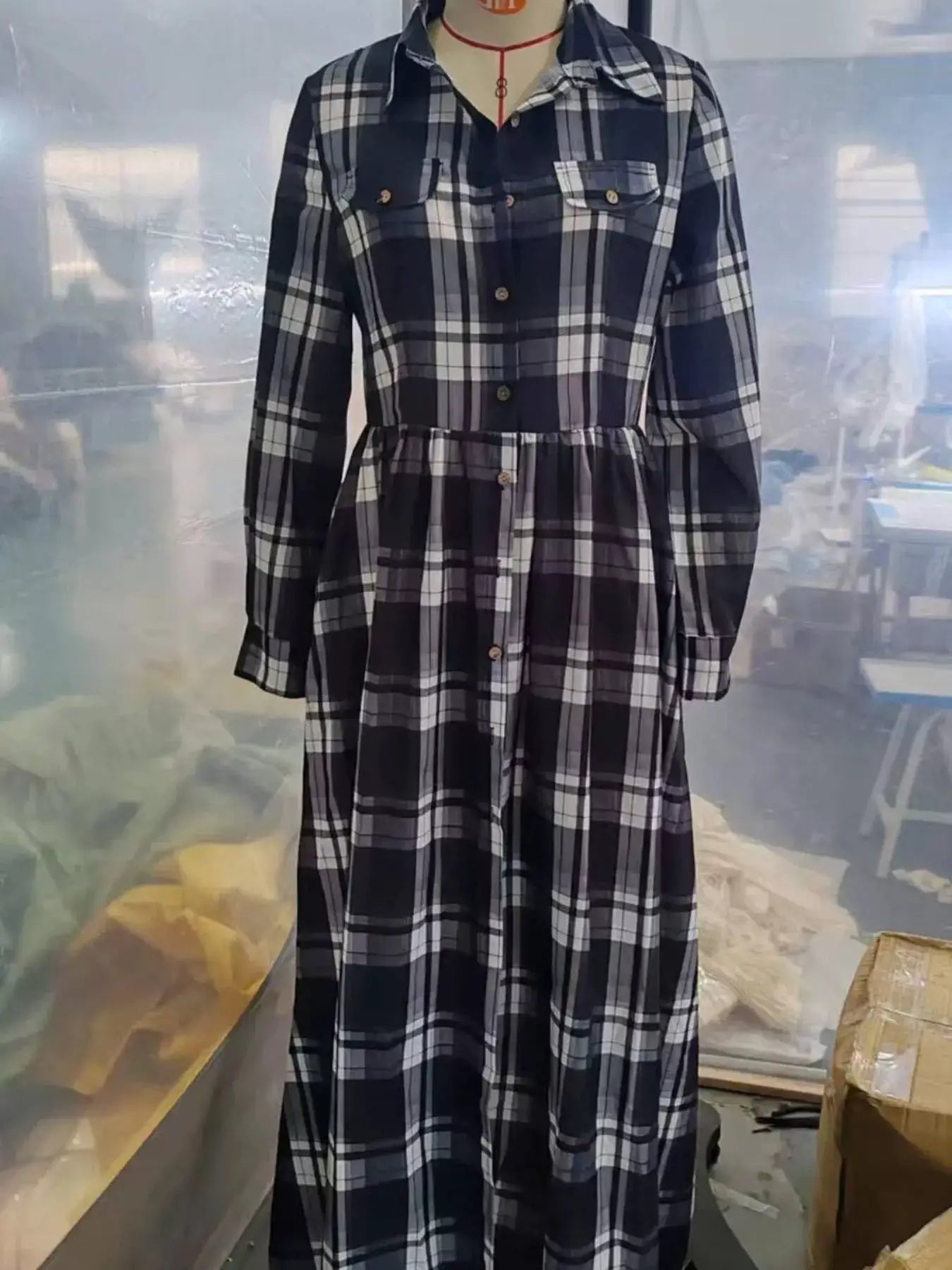Full Size Plaid Long Sleeve Shirt Maxi Dress Plus Size by Trendsi