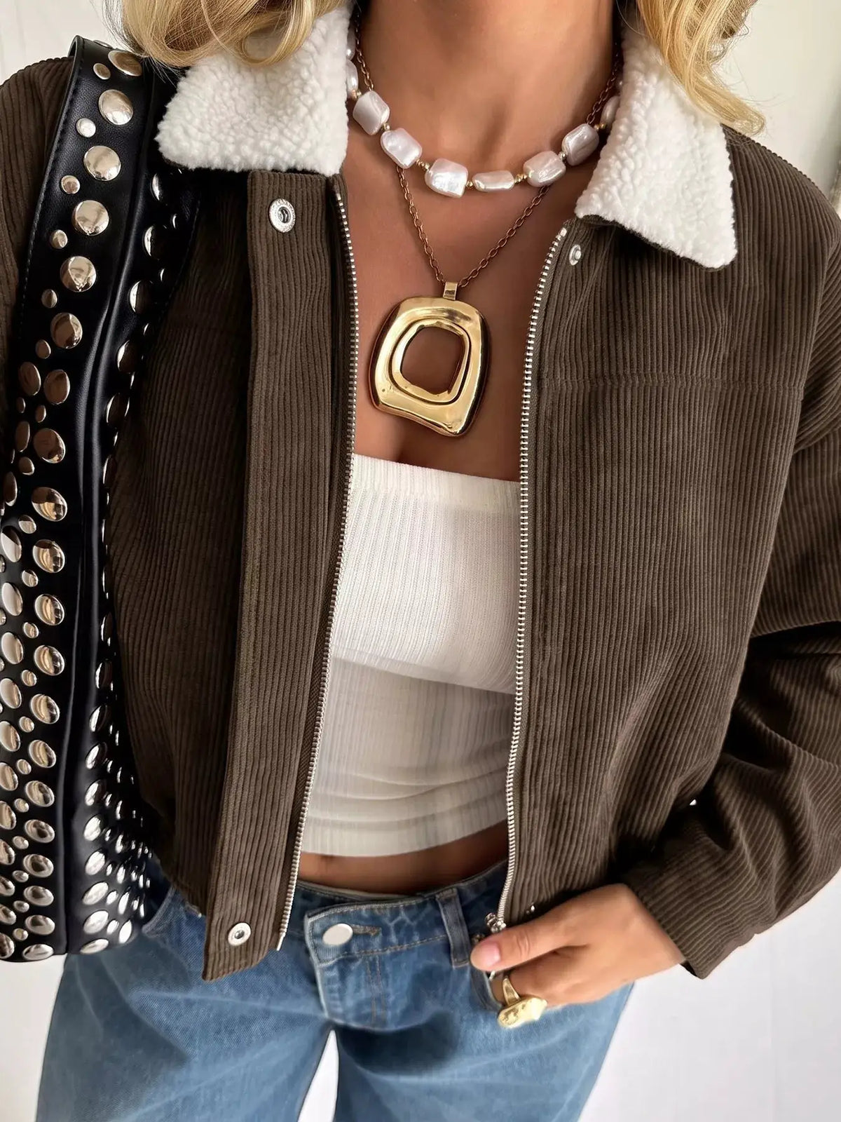 Contrast Sherpa Collar Corduroy Zip Up Jacket by Trendsi