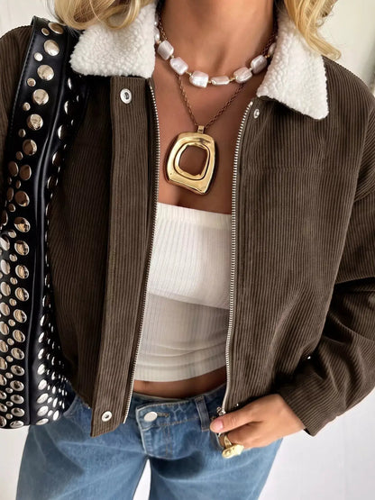 Contrast Sherpa Collar Corduroy Zip Up Jacket by Trendsi