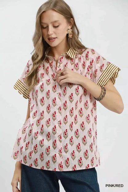 Umgee Block Print Button-Front Shirt with Contrast Stripe Point Collar by Trendsi