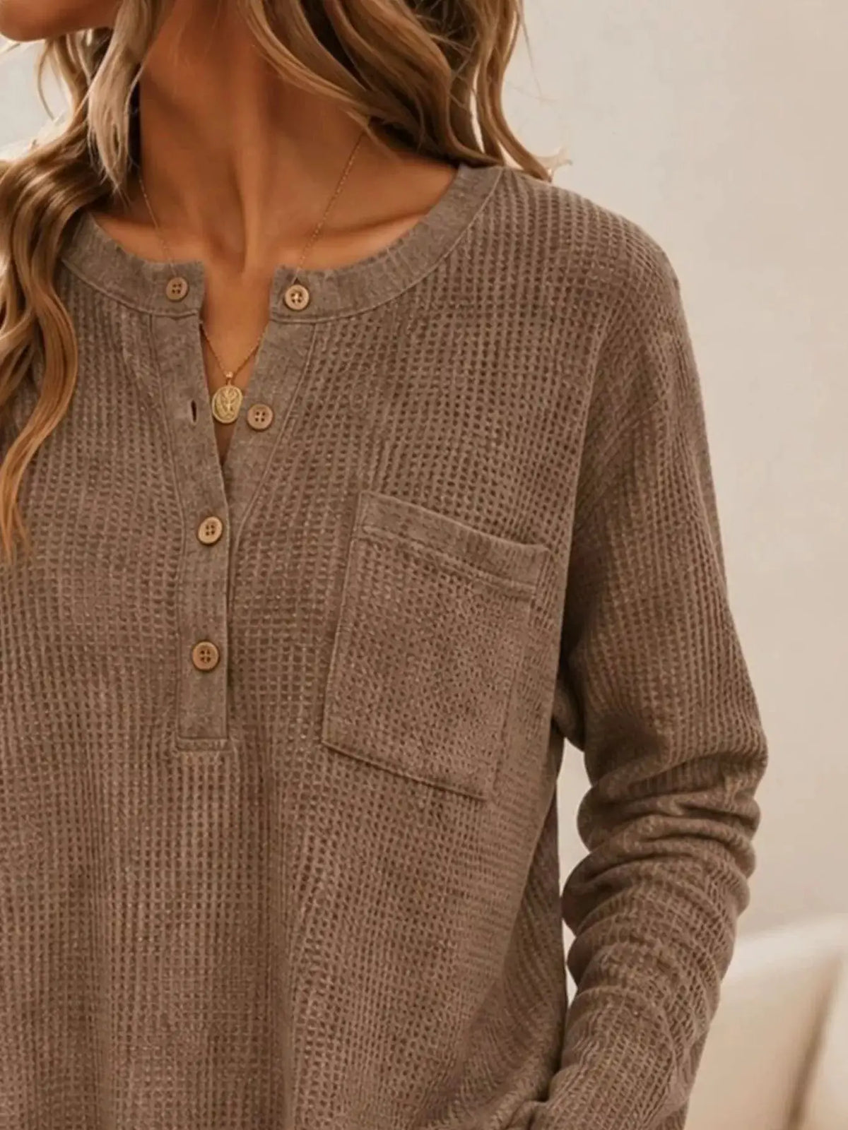 Waffle Knit Button Detail Top by Trendsi