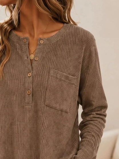 Waffle Knit Button Detail Top by Trendsi