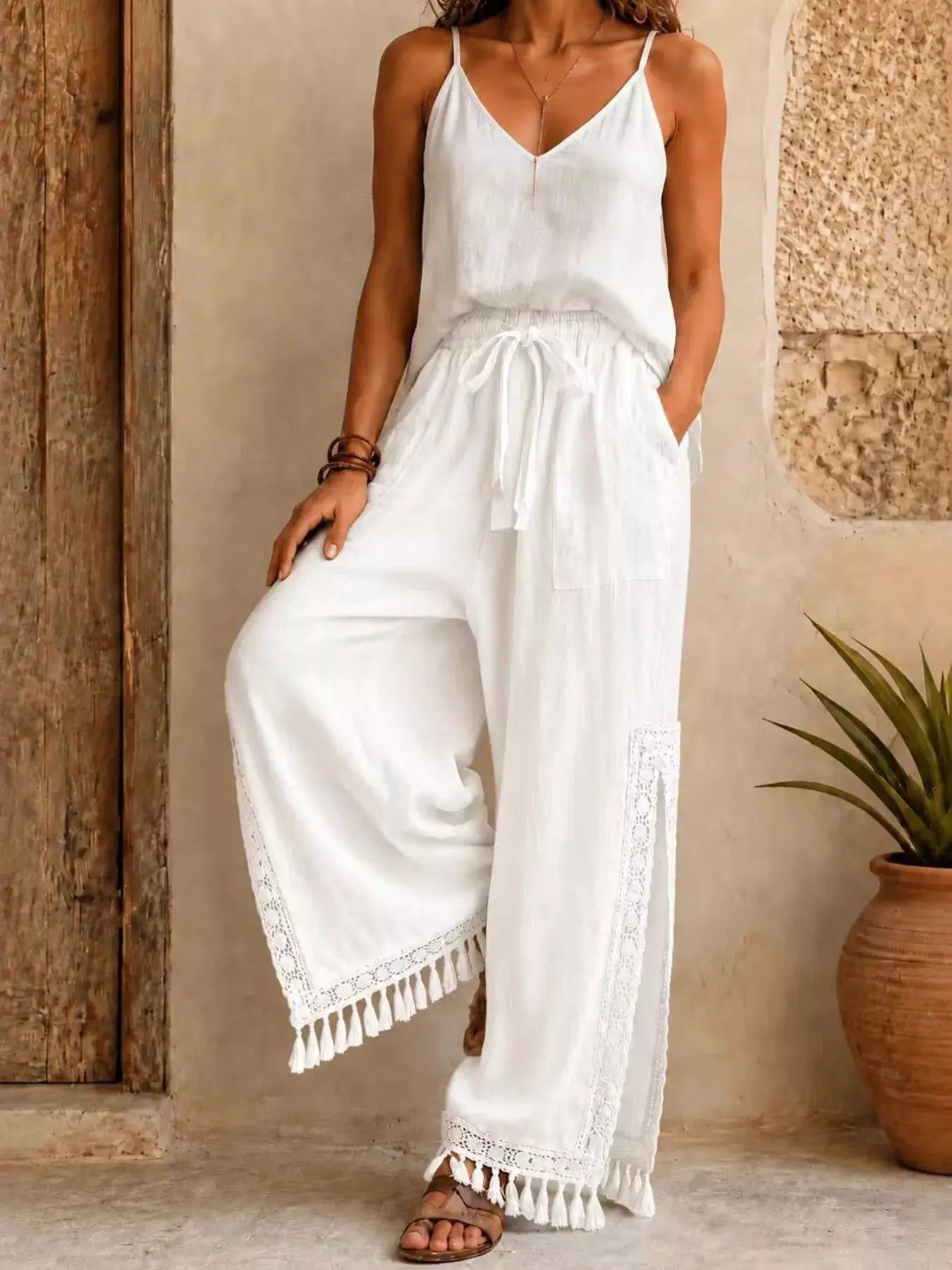 Lace Detail Slit Wide Leg Pants by Trendsi