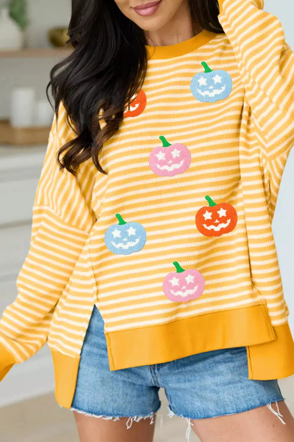 Stripe Halloween Pumpkin Face Waffle Knit Pullover Loose Top with Slits by Trendsi