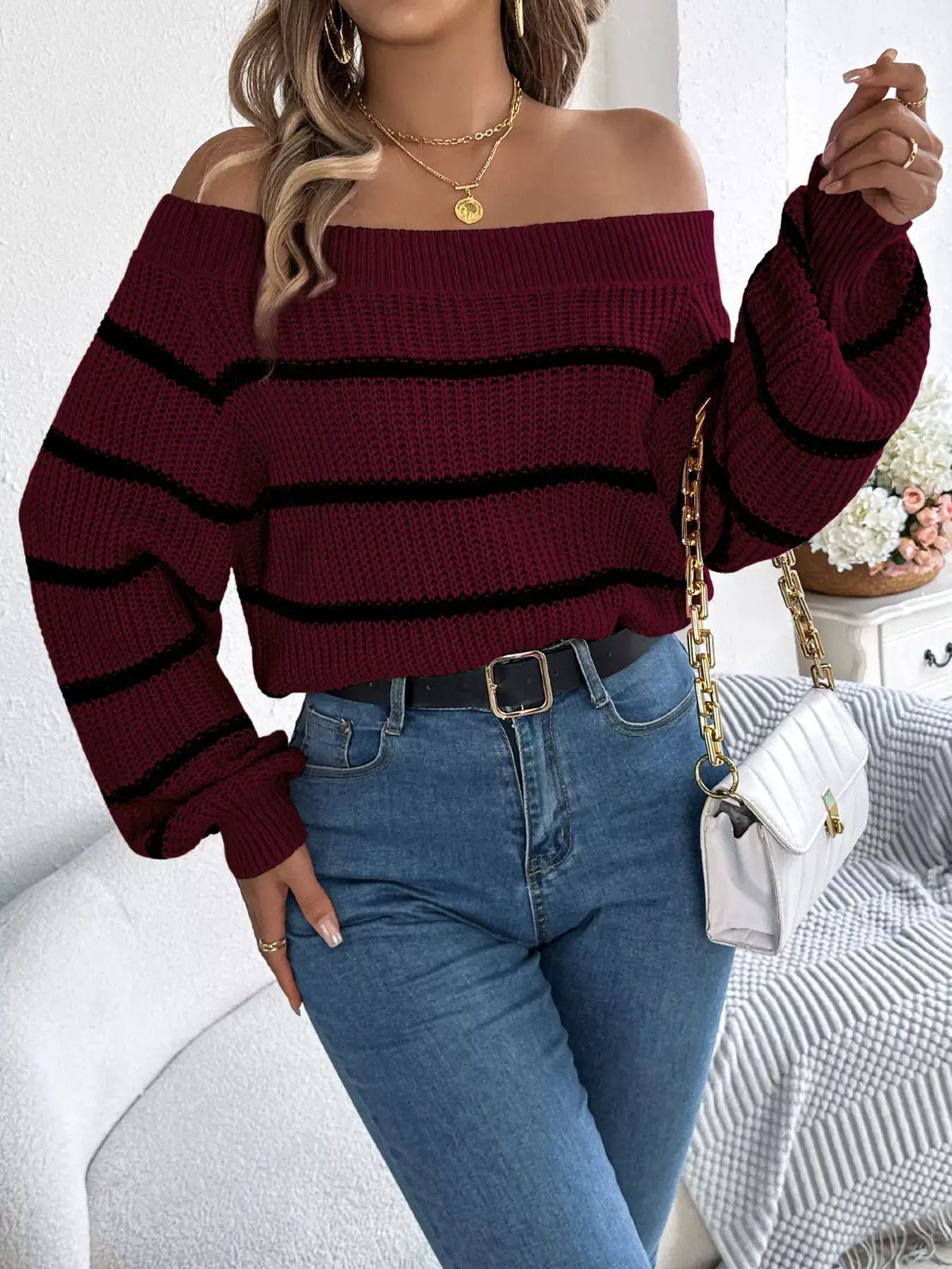 Off-Shoulder Striped Contrast Sweater by Trendsi