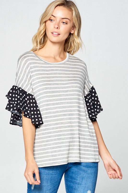 PLUS POLKA DOT RUFFLE SLEEVE TOP