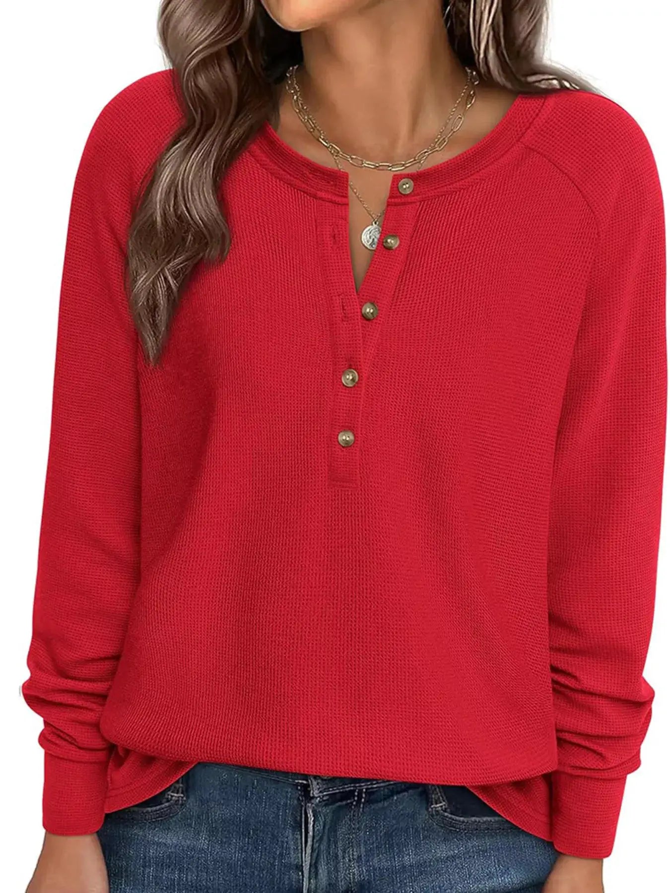 Waffle Knit Henley Long Sleeve T-Shirt by Trendsi