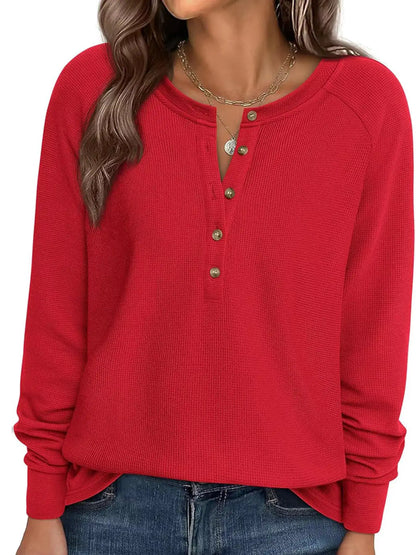 Waffle Knit Henley Long Sleeve T-Shirt by Trendsi