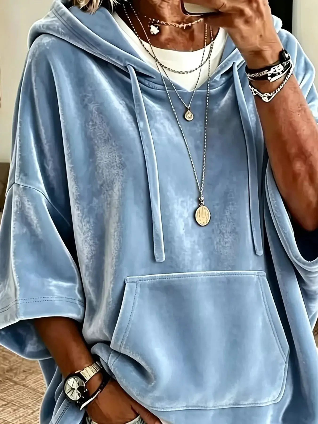Full Size Velvet 3/4 Sleeve Hoodie with Kangaroo Pocket Plus Size by Trendsi