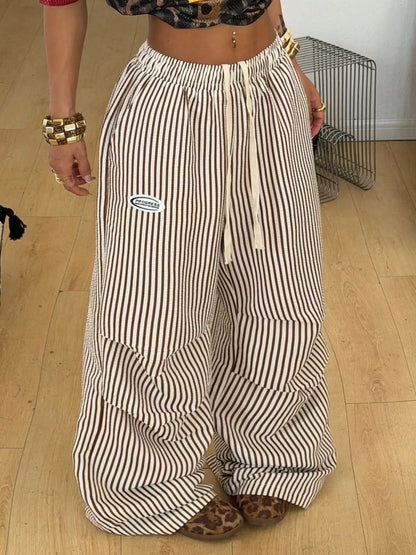 High-Waisted Striped Wide-Leg Cargo Pants with Drawstring by Trendsi