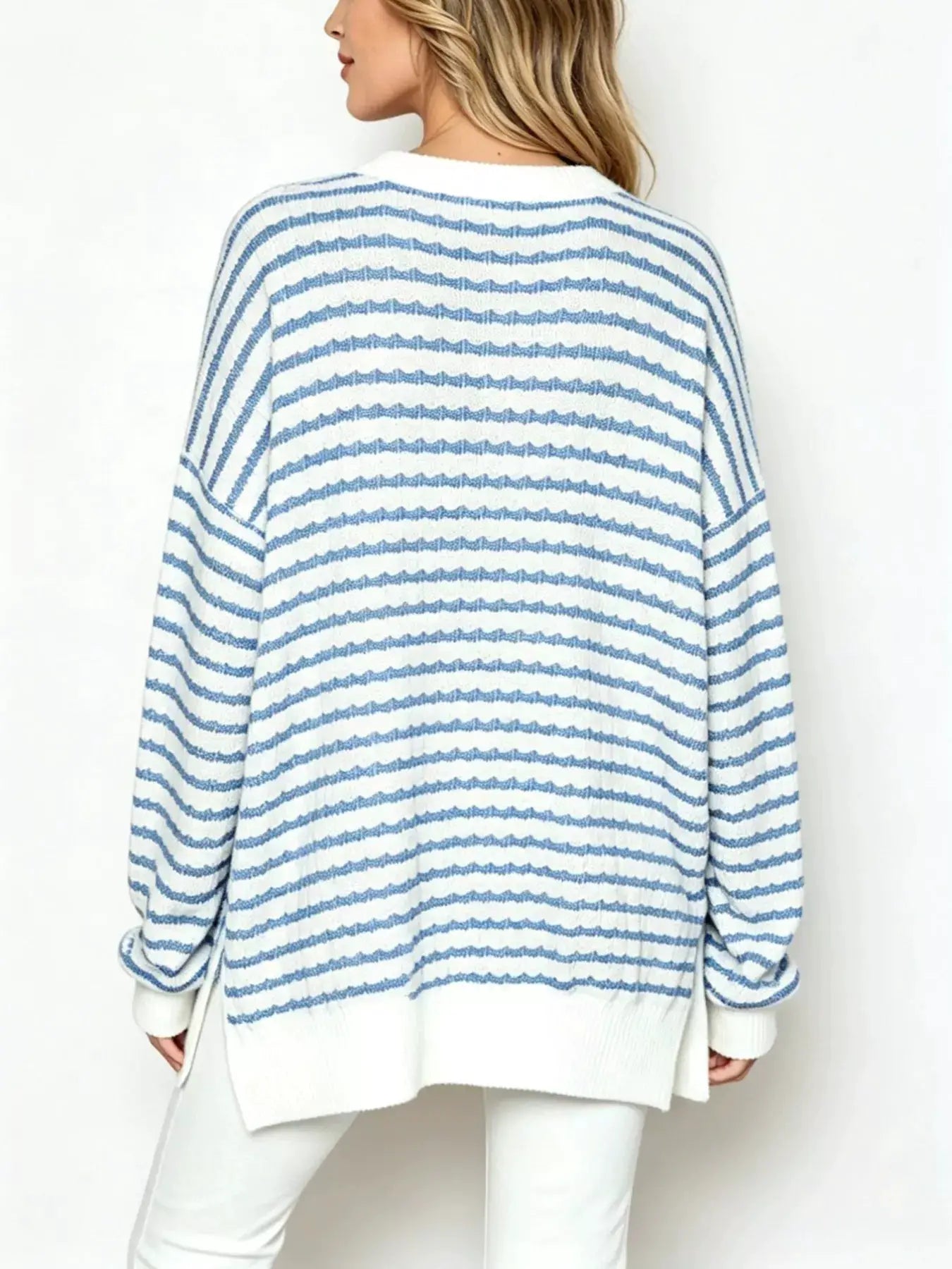 Oversized Striped Crew Neck Sweatshirt by Trendsi
