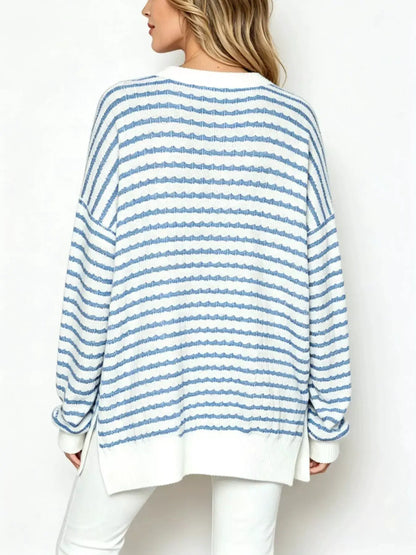 Oversized Striped Crew Neck Sweatshirt by Trendsi