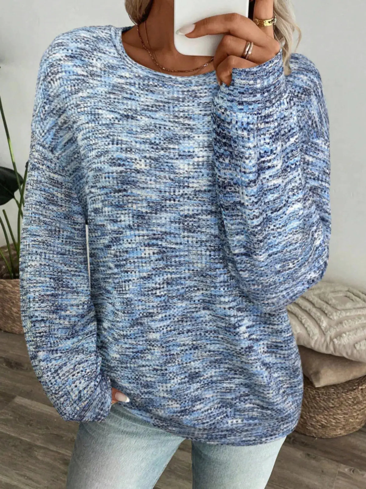 Space-Dyed Long Sleeve Waffle-Knit Top by Trendsi