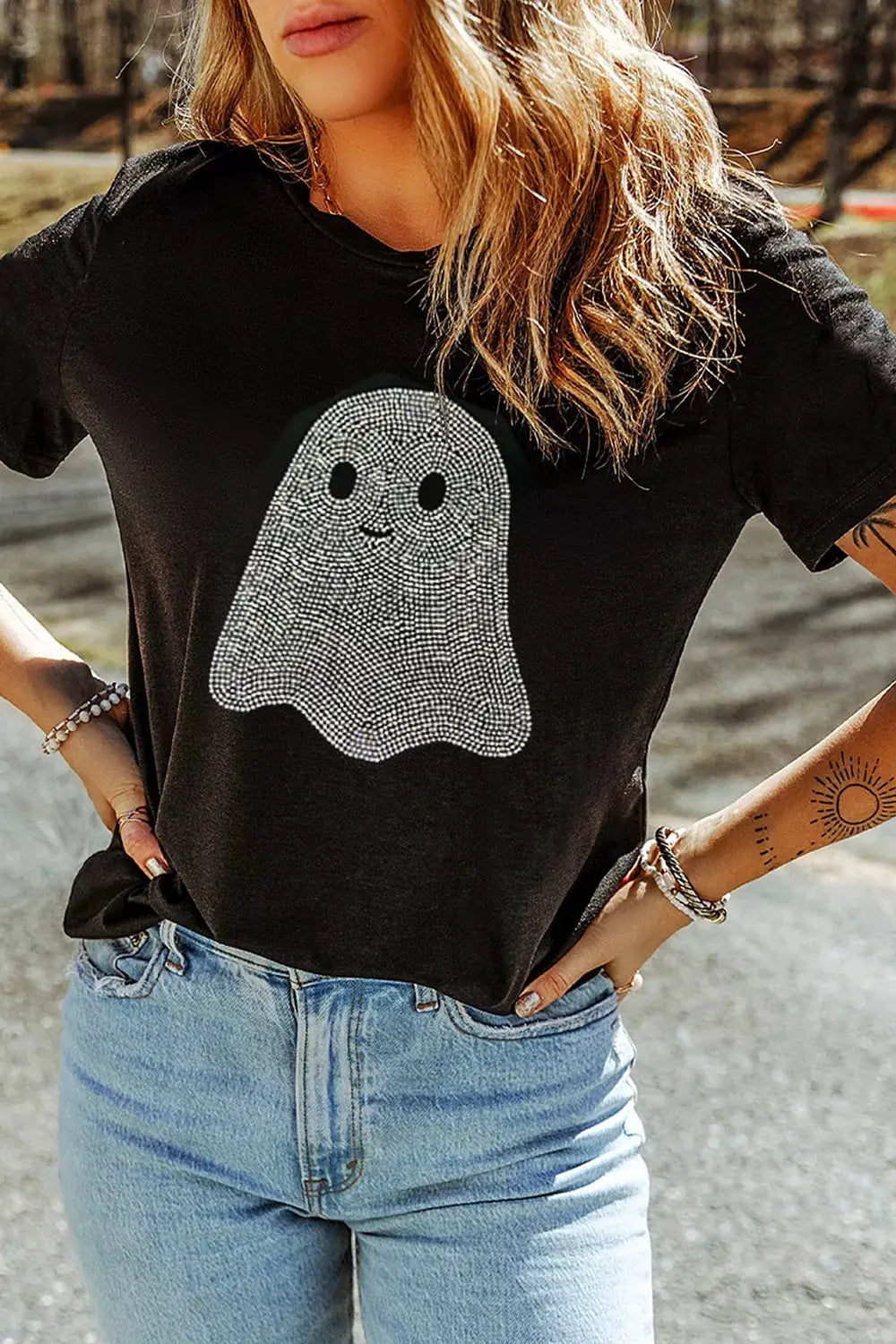 Full Size Rhinestone Ghost Round Neck T-Shirt Plus Size by Trendsi