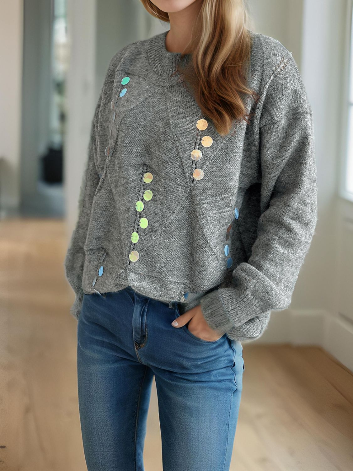 Sequin Mock Neck Long Sleeve Sweater