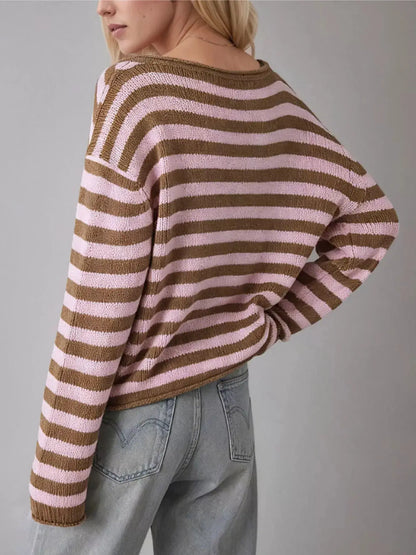 Casual Striped Boat Neck Sweater by Trendsi