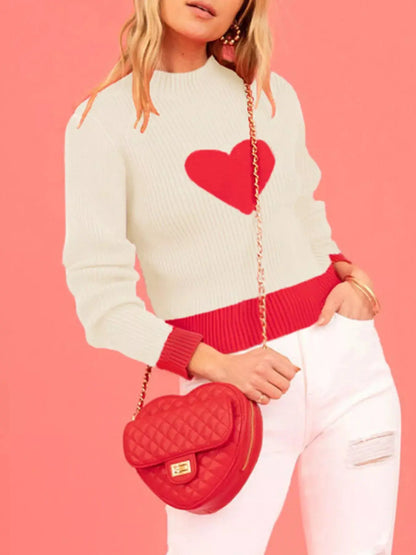 Color-Block Heart Pattern Ribbed Knit Sweater by Trendsi