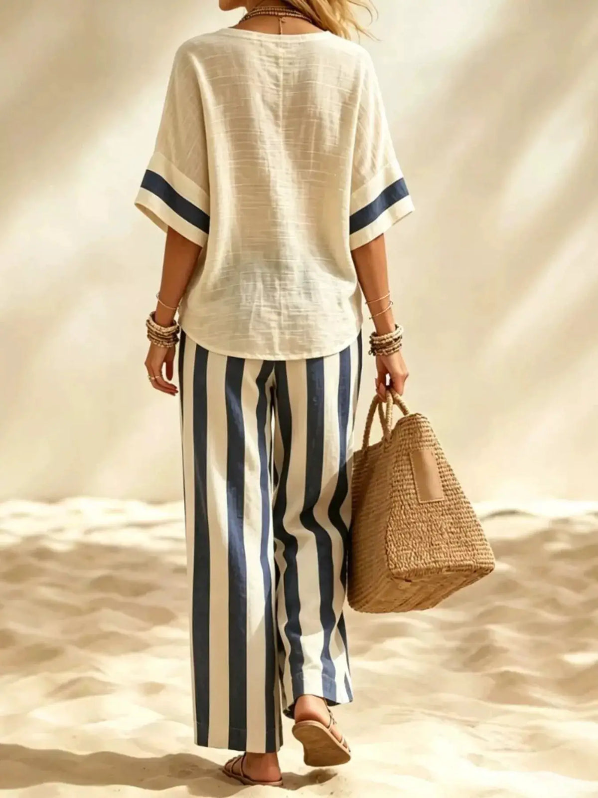 Full Size Striped Half Sleeve Top and Pants Set Plus Size by Trendsi