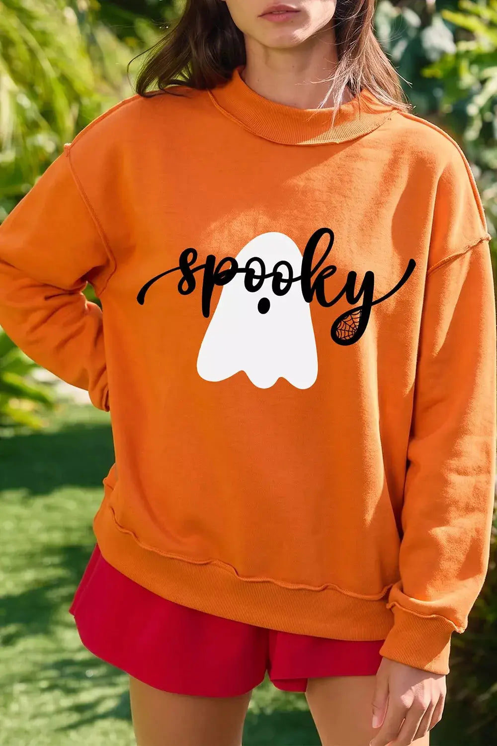 Ghost/ BOO Reversible Print Mock Neck Casual Sweatshirt by Trendsi